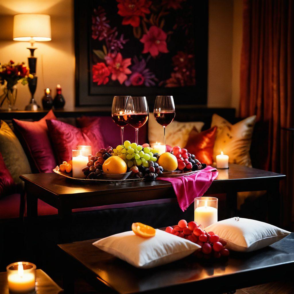 A sensual and intimate setting featuring a dimly lit room adorned with plush cushions, candles casting soft light, and a tasteful arrangement of wine glasses and exotic fruits. Delicate, flowing fabrics drape elegantly around the space, enhancing the allure. Subtle elements hinting at adult gatherings, such as playful games and whispered invitations. The atmosphere is warm, inviting, and slightly mysterious. vibrant colors. soft focus. romantic lighting.