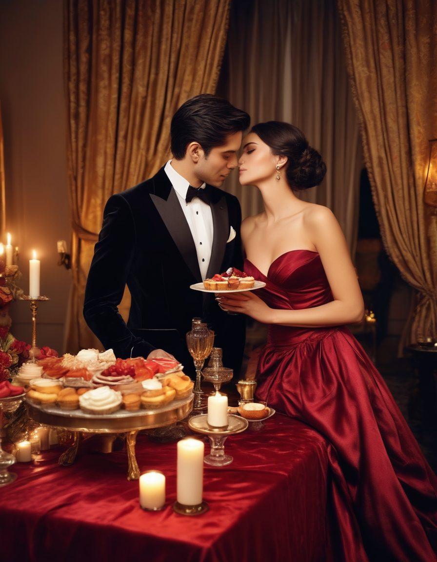 An extravagant sensual party scene, featuring elegant guests dressed in luxurious attire, surrounded by soft candlelight and rich velvet drapery. An enticing dessert table filled with decadent treats, and a sultry atmosphere enhanced by silhouettes dancing against a backdrop of shimmering fabrics. Evoke feelings of intimacy and celebration, with a hint of playful eroticism. super-realistic. rich colors. soft focus.