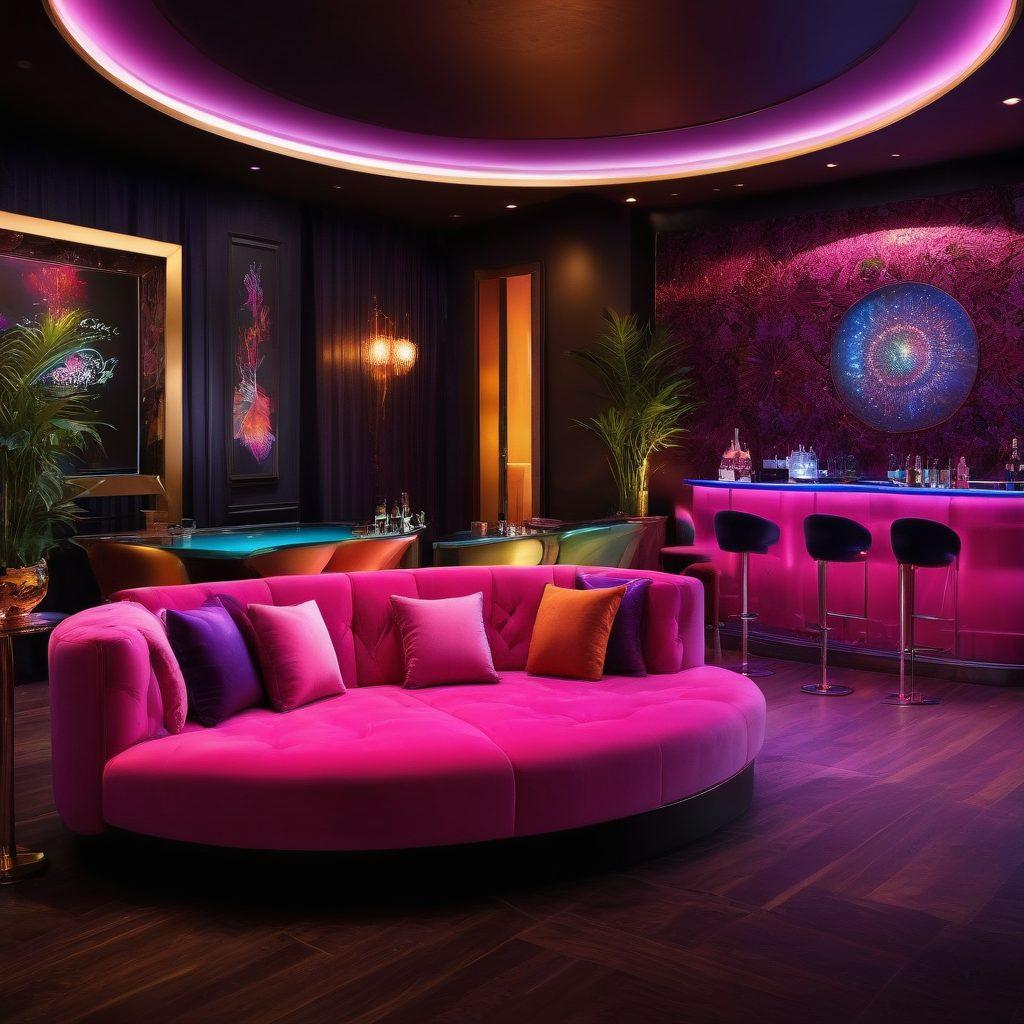 A vibrant nightlife scene showcasing a lavish adult-themed party with upscale decor, seductive lighting, and playful interactions among elegantly dressed guests. Incorporate elements of sensuality and fun, such as performers, cocktail servers, and a dynamic DJ booth, all enveloped in a lively, colorful atmosphere. The background should hint at a luxurious setting, with plush lounge areas and mood lighting. super-realistic. vibrant colors. 3D.